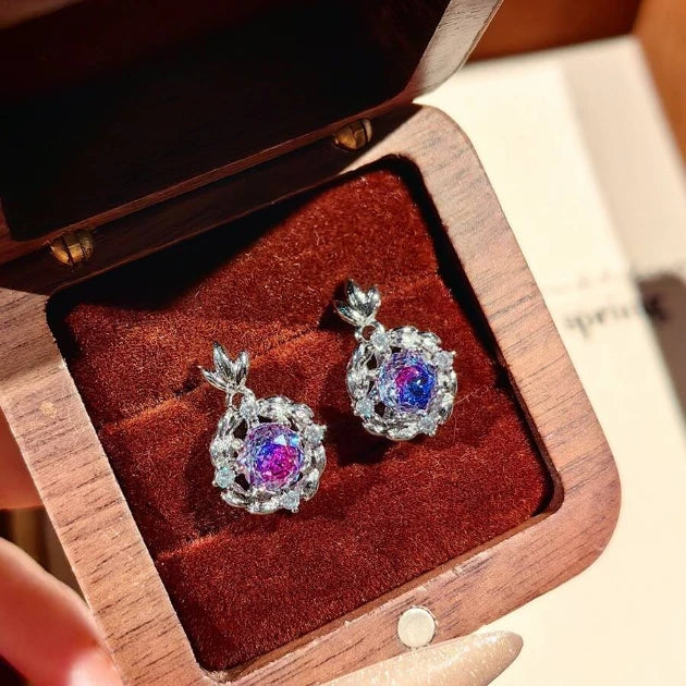 Purple Rose Crystal Drop Earrings & Link Bracelet Matching Set Detailed Product Shot