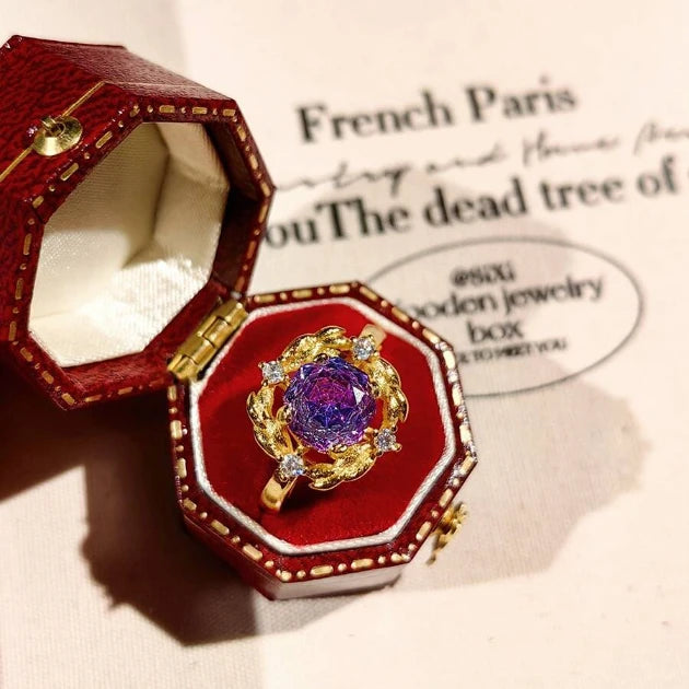 Single Close-up Shot of Purple Rose Crystal Ring, Vintage Brushed Alloy Fashion Ring Detail