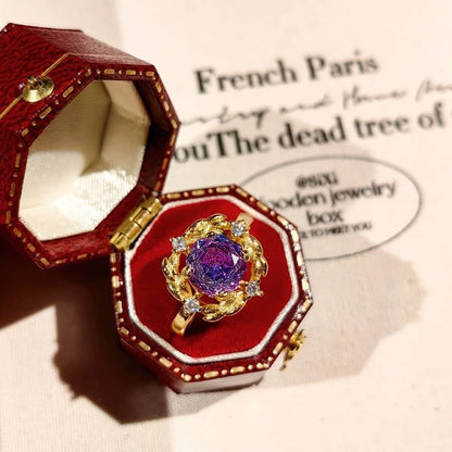 Single Close-up Shot of Purple Rose Crystal Ring, Vintage Brushed Alloy Fashion Ring Detail