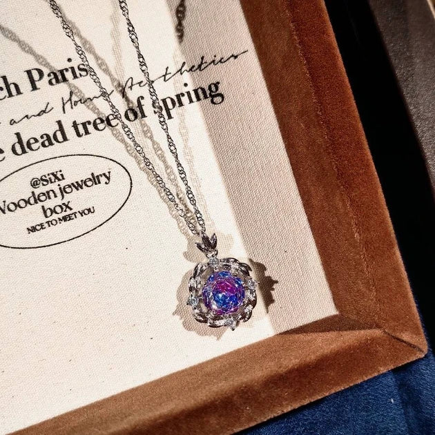 Delicate Purple Rose Crystal Pendant Necklace, Fashion Matching Jewelry Accessory Close View