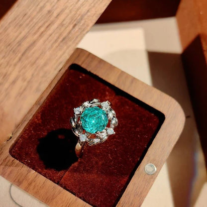 Single Close-up Shot of Blue Rose Crystal Ring, Vintage Brushed Alloy Fashion Ring Detail