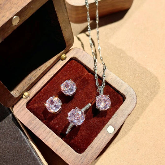Pink Rose Crystal Minimal 3-Piece Jewelry Set Full Layout, Necklace Ring Earrings Whole Set Shot