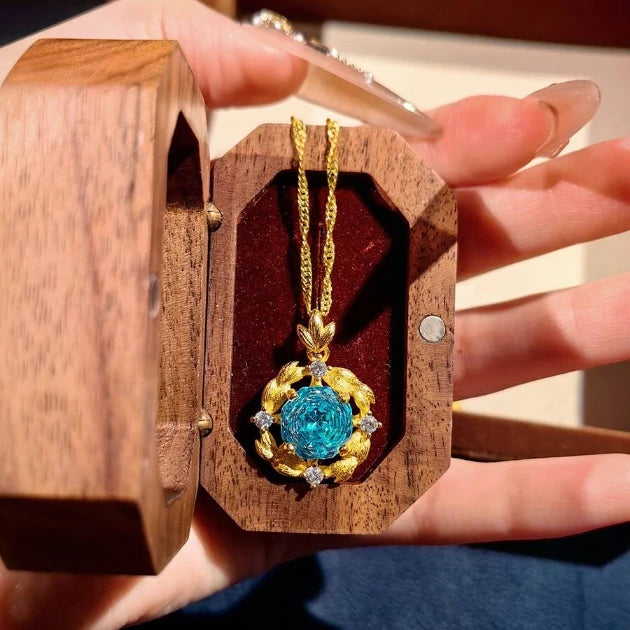 Delicate Blue Rose Crystal Pendant Necklace, Fashion Matching Jewelry Accessory Close View