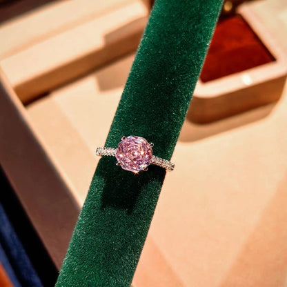 Close-up Detail of Pink Rose Crystal Single Ring, Vintage Brushed Alloy Minimal Style