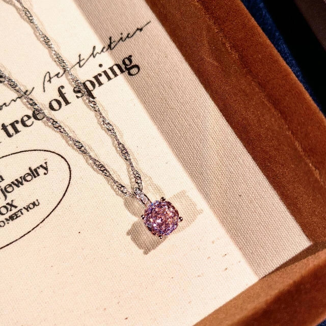 Minimal Pink Rose Crystal Pendant Necklace Alloy Chain Close Up Product Shot
