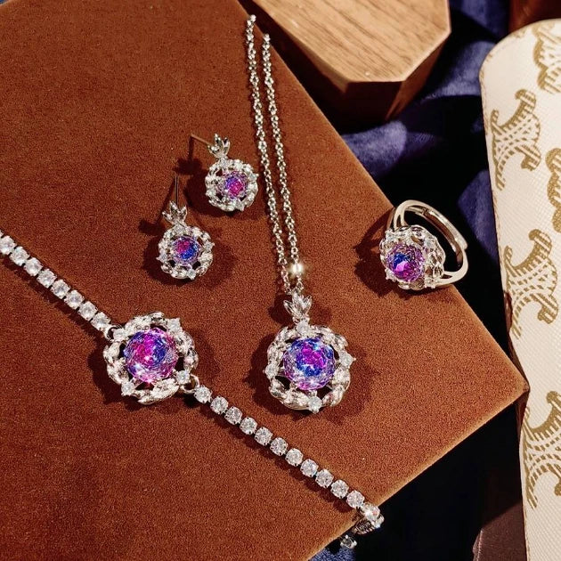Purple Rose Crystal 4-Piece Matching Jewelry Set Full Display, Necklace Ring Bracelet Earrings Collection